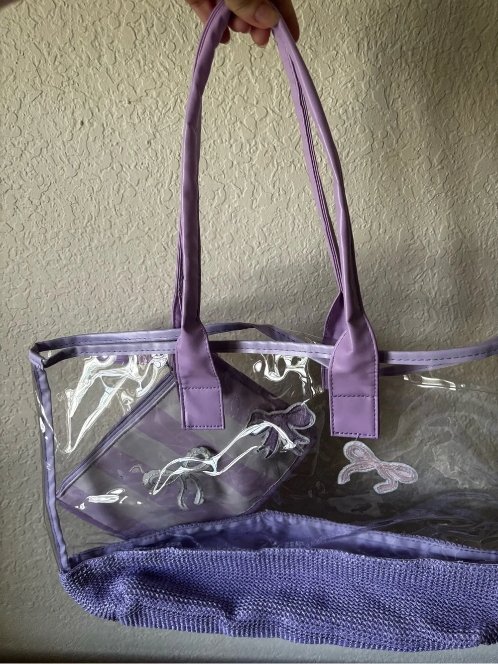 Lilac Clear PVC Tote with Striped Pouch